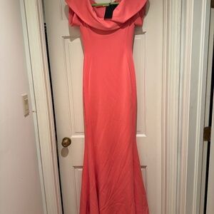 Beautiful coral long fitted dress with slight flare at hem by Black Halo Eve.